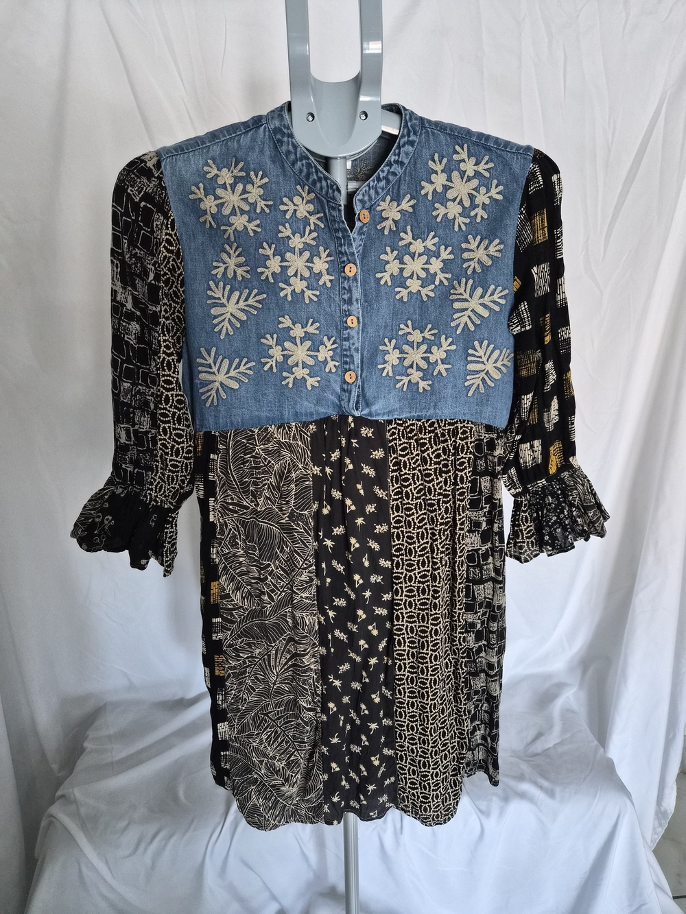 Mixed-Print Long Sleeve Dress with Embroidered Denim Yoke - Black/Cream.
